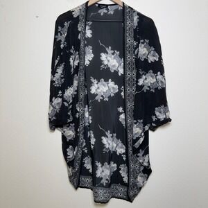 Tolani Women 100% SILK Women Cardigan Western Black Floral Kimono Sheer One Size